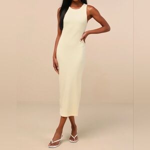 Lulus Majorly Trendy Light Yellow Ribbed Bodycon Midi Dress, Size Large